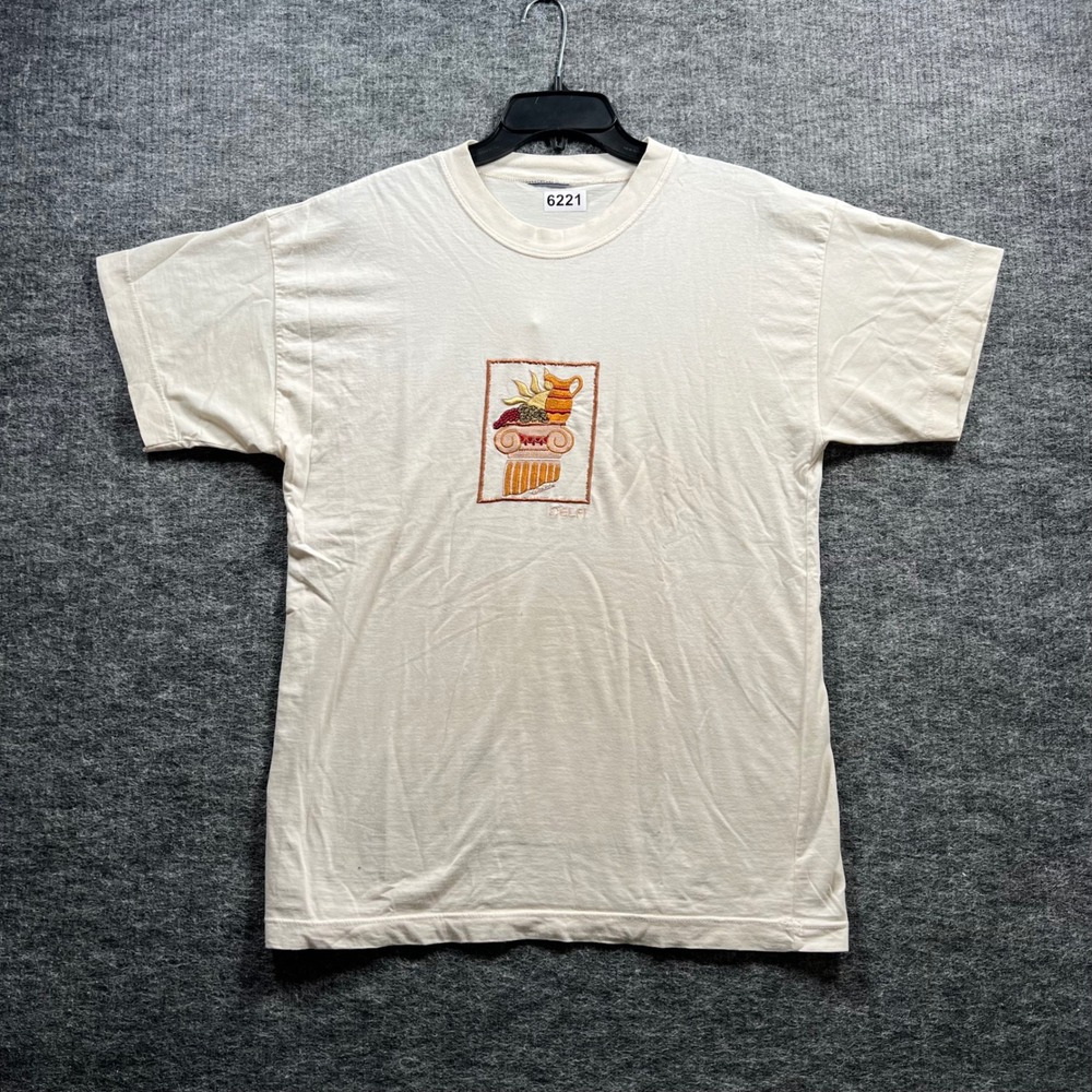 Vintage Delphi Greece Embroidered Graphic T-Shirt Cream Mens Large